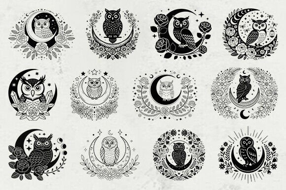 Boho Floral Owl SVG Bundle, Owl with Moon